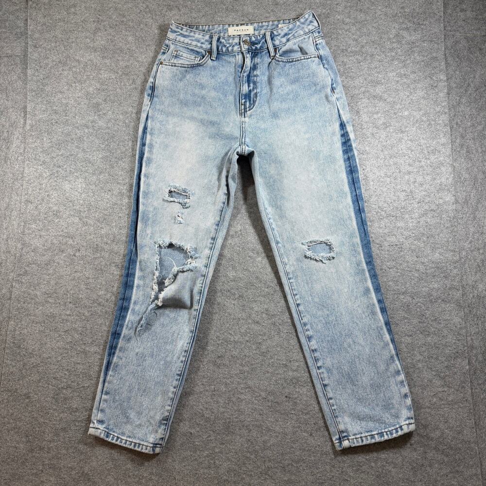 PacSun Mom Jeans Womens 25 Light Blue Wash High Rise Distressed Knee Denim